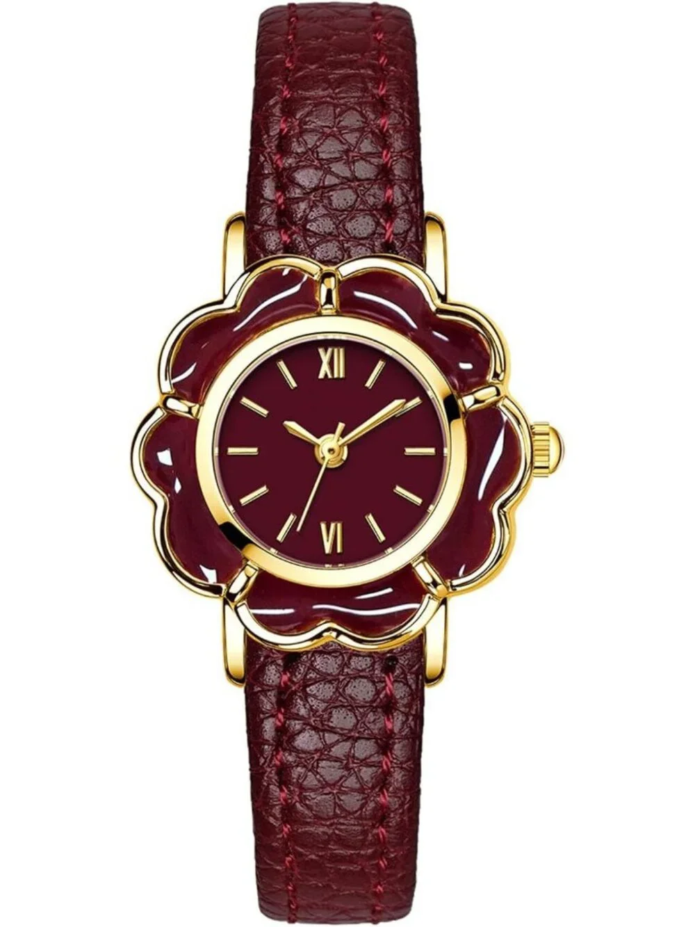 Women's Red Leather Strap Elegant Floral-Shaped Creative Small Wrist Watches